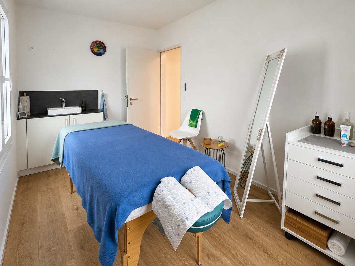 Behandlungszimmer mit Massageliege, Waschbecken und Massageölen in der Praxis Biberist