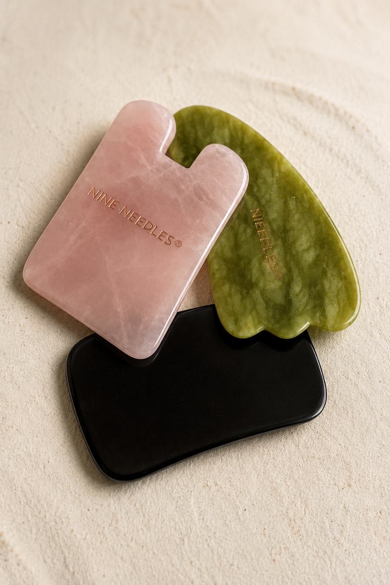 Gua-Sha-Schaber aus Rosenquarz, Jade und Bian-Stein