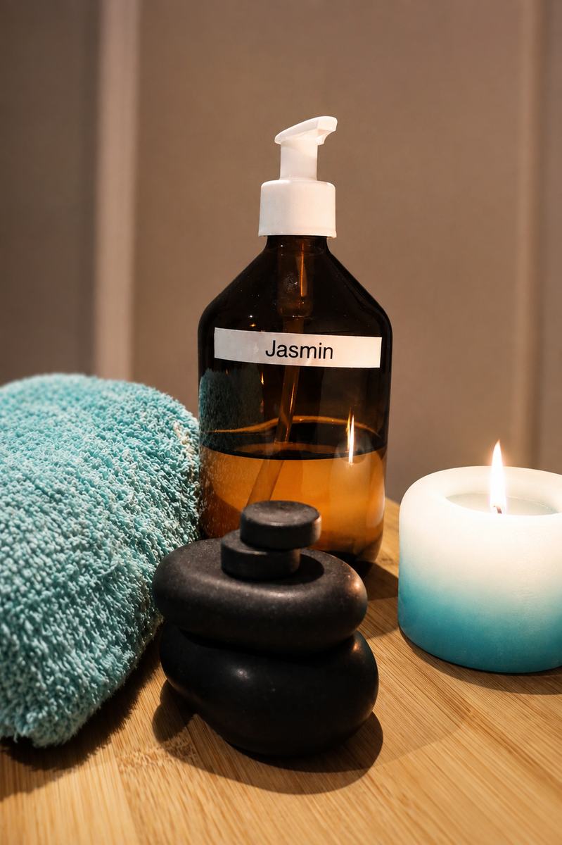 Massageöl mit Jasminduft, warme Hot-Stone-Steine und Kerze in der Massagepraxis Biberist