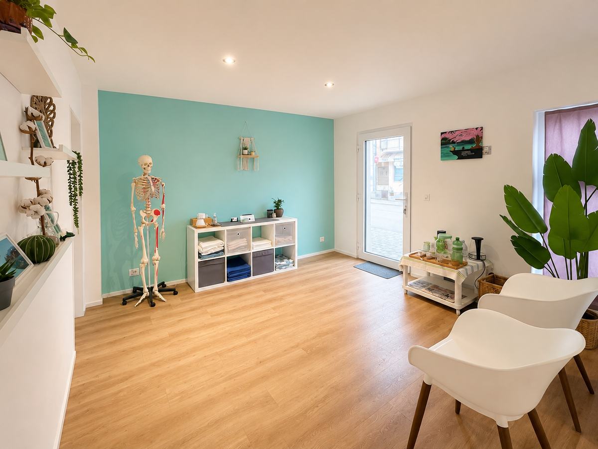 Empfangsraum der Massagepraxis Massage Jasmine mit Anatomiemodell in Biberist